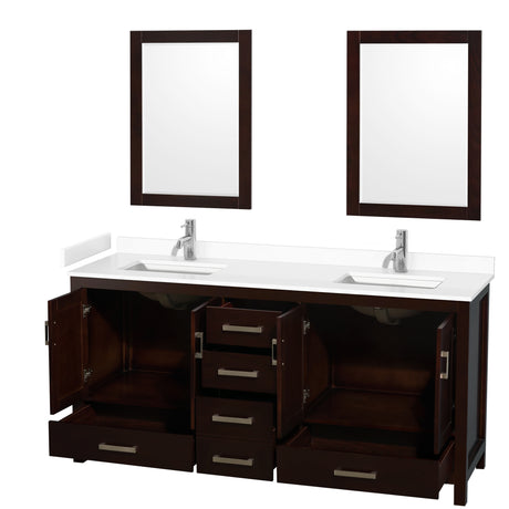 Sheffield 72 Inch Double Bathroom Vanity in Espresso White Cultured Marble Countertop Undermount Square Sinks 24 Inch Mirrors
