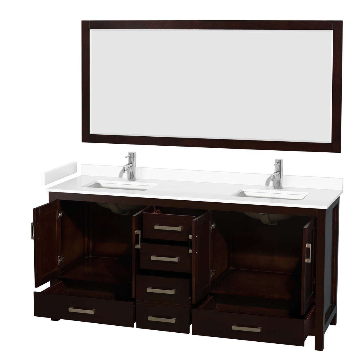 Sheffield 72 Inch Double Bathroom Vanity in Espresso White Cultured Marble Countertop Undermount Square Sinks 70 Inch Mirror