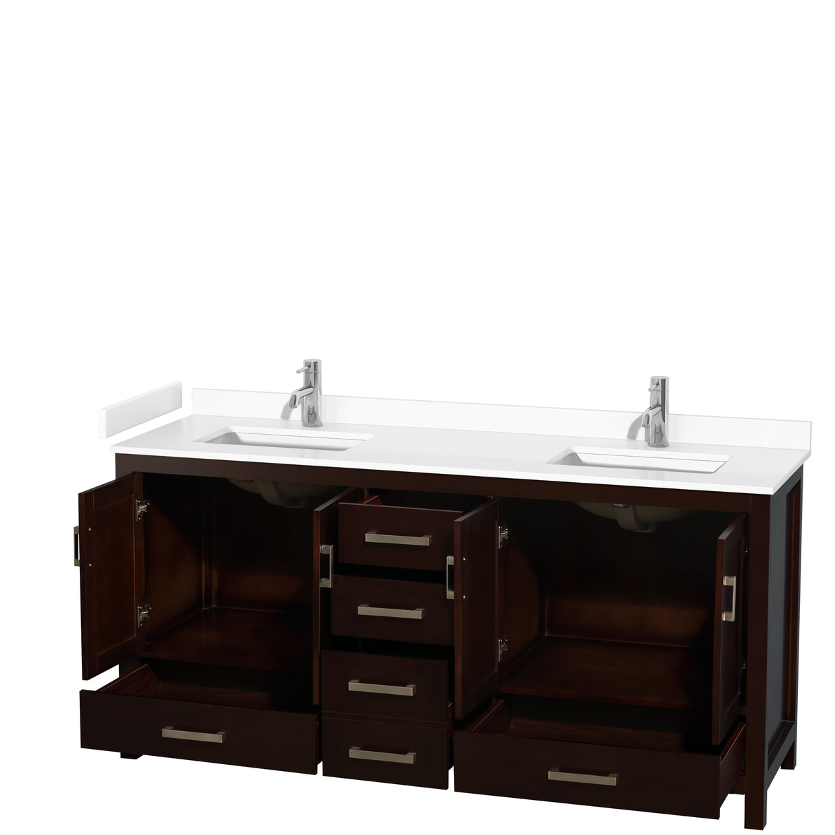 Sheffield 72 Inch Double Bathroom Vanity in Espresso White Cultured Marble Countertop Undermount Square Sinks No Mirror