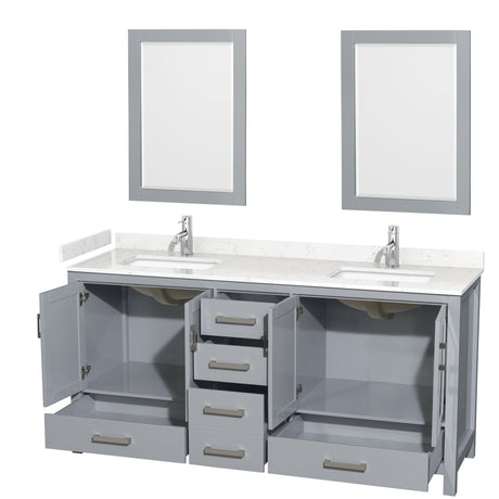 Sheffield 72 Inch Double Bathroom Vanity in Gray Carrara Cultured Marble Countertop Undermount Square Sinks 24 Inch Mirrors