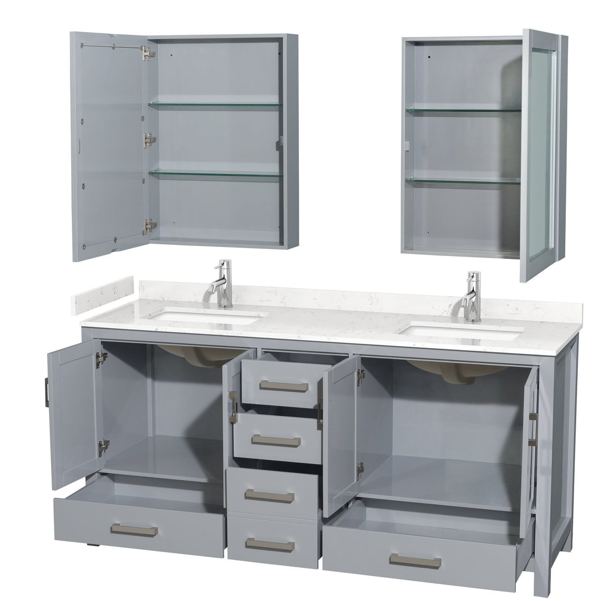 Sheffield 72 Inch Double Bathroom Vanity in Gray Carrara Cultured Marble Countertop Undermount Square Sinks Medicine Cabinets