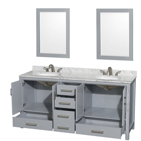 Sheffield 72 Inch Double Bathroom Vanity in Gray White Carrara Marble Countertop Undermount Oval Sinks and 24 Inch Mirrors