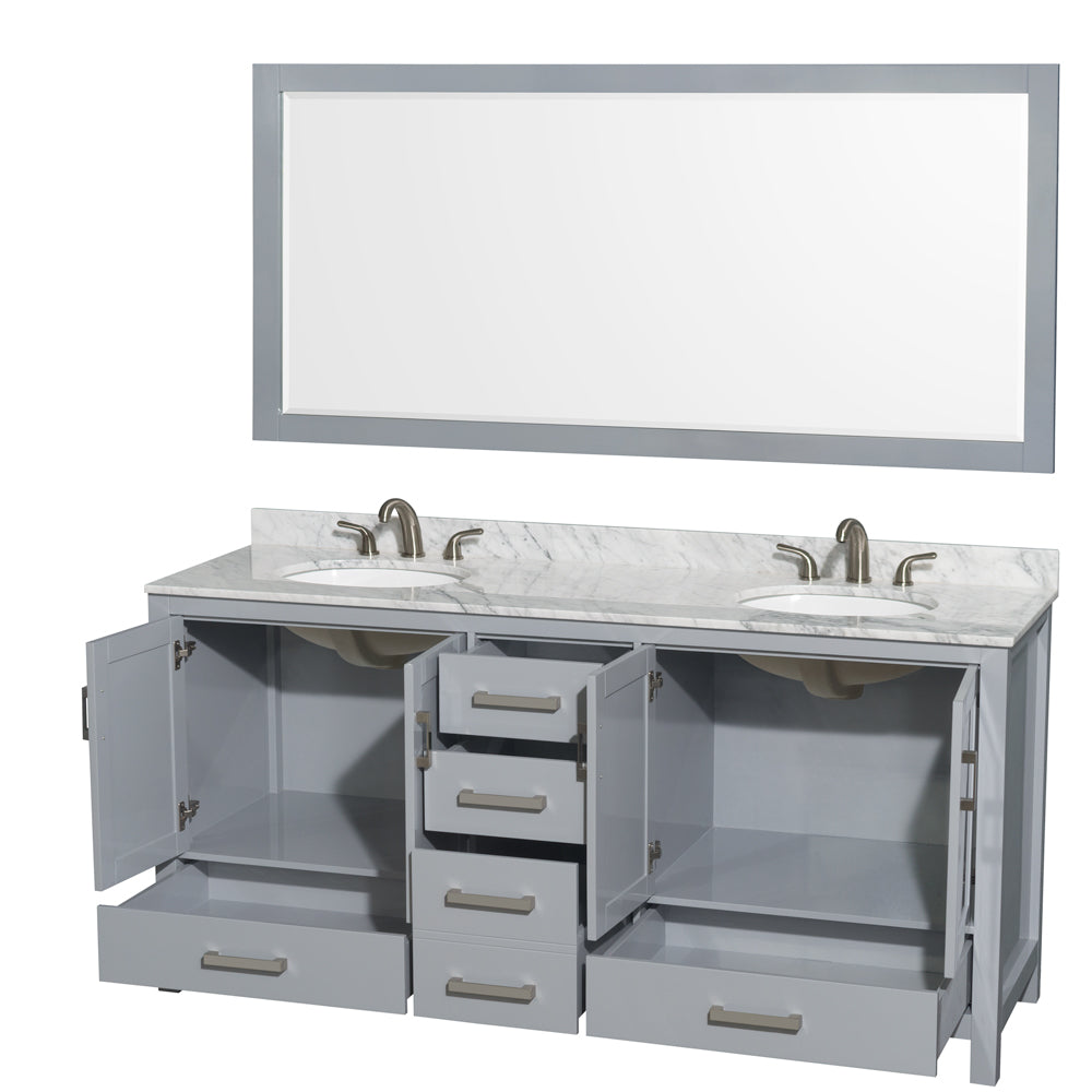 Sheffield 72 Inch Double Bathroom Vanity in Gray White Carrara Marble Countertop Undermount Oval Sinks and 70 Inch Mirror