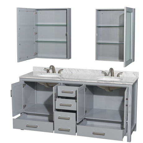 Sheffield 72 Inch Double Bathroom Vanity in Gray White Carrara Marble Countertop Undermount Oval Sinks and Medicine Cabinets