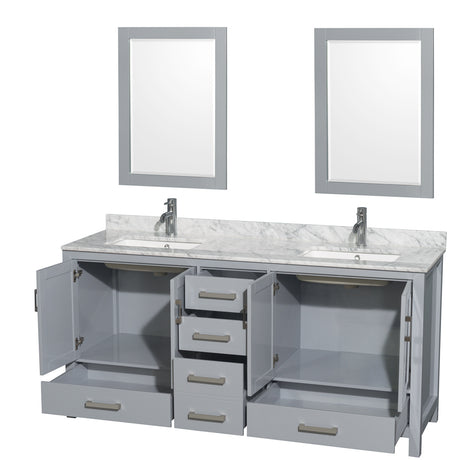 Sheffield 72 Inch Double Bathroom Vanity in Gray White Carrara Marble Countertop Undermount Square Sinks and 24 Inch Mirrors