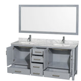 Sheffield 72 Inch Double Bathroom Vanity in Gray White Carrara Marble Countertop Undermount Square Sinks and 70 Inch Mirror