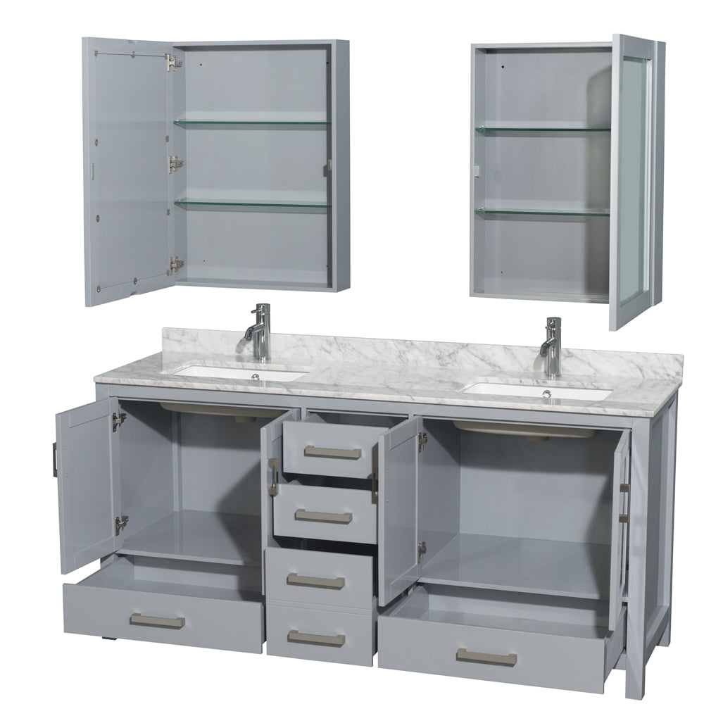 Sheffield 72 Inch Double Bathroom Vanity in Gray White Carrara Marble Countertop Undermount Square Sinks and Medicine Cabinets