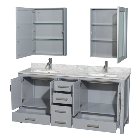 Sheffield 72 Inch Double Bathroom Vanity in Gray White Carrara Marble Countertop Undermount Square Sinks and Medicine Cabinets