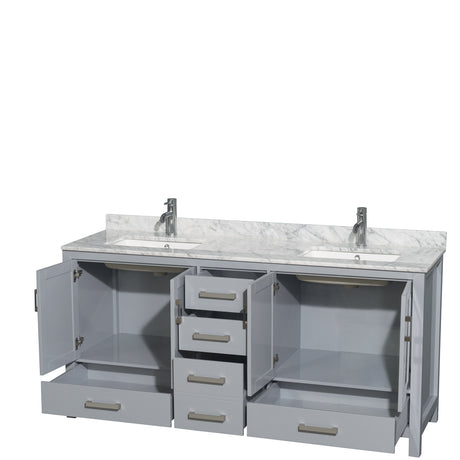 Sheffield 72 Inch Double Bathroom Vanity in Gray White Carrara Marble Countertop Undermount Square Sinks and No Mirror