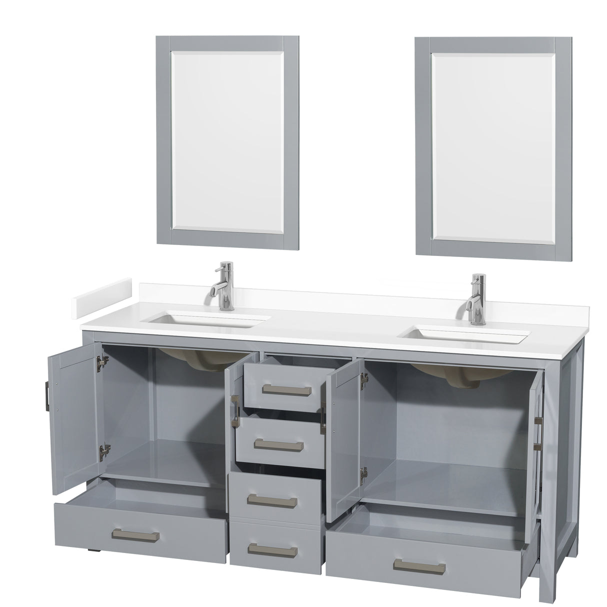 Sheffield 72 Inch Double Bathroom Vanity in Gray White Cultured Marble Countertop Undermount Square Sinks 24 Inch Mirrors