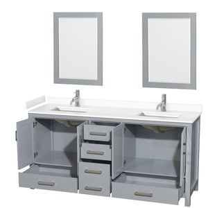 Sheffield 72 Inch Double Bathroom Vanity in Gray White Cultured Marble Countertop Undermount Square Sinks 24 Inch Mirrors