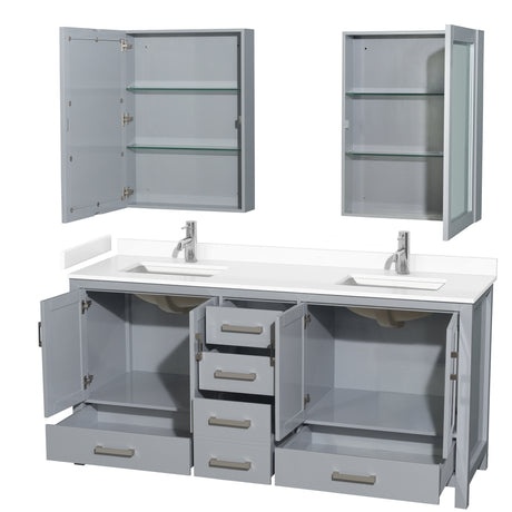 Sheffield 72 Inch Double Bathroom Vanity in Gray White Cultured Marble Countertop Undermount Square Sinks Medicine Cabinets