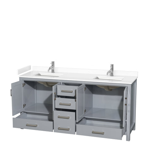 Sheffield 72 Inch Double Bathroom Vanity in Gray White Cultured Marble Countertop Undermount Square Sinks No Mirror