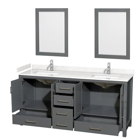 Sheffield 72 Inch Double Bathroom Vanity in Dark Gray Carrara Cultured Marble Countertop Undermount Square Sinks 24 Inch Mirrors