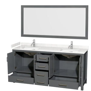 Sheffield 72 Inch Double Bathroom Vanity in Dark Gray Carrara Cultured Marble Countertop Undermount Square Sinks 70 Inch Mirror