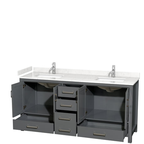 Sheffield 72 Inch Double Bathroom Vanity in Dark Gray Carrara Cultured Marble Countertop Undermount Square Sinks No Mirror