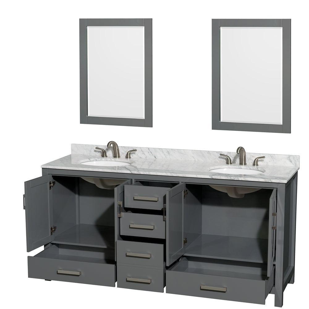 Sheffield 72 Inch Double Bathroom Vanity in Dark Gray White Carrara Marble Countertop Undermount Oval Sinks and 24 Inch Mirrors