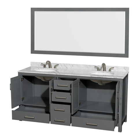 Sheffield 72 Inch Double Bathroom Vanity in Dark Gray White Carrara Marble Countertop Undermount Oval Sinks and 70 Inch Mirror