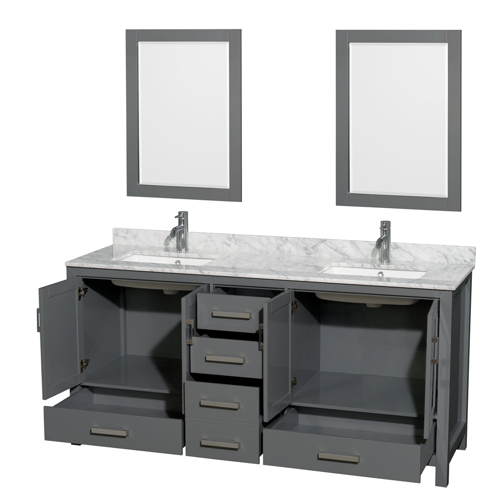 Sheffield 72 Inch Double Bathroom Vanity in Dark Gray White Carrara Marble Countertop Undermount Square Sinks and 24 Inch Mirrors