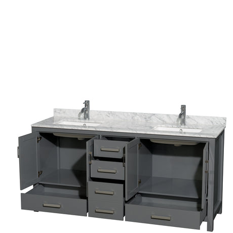 Sheffield 72 Inch Double Bathroom Vanity in Dark Gray White Carrara Marble Countertop Undermount Square Sinks and No Mirror