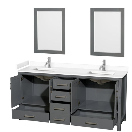 Sheffield 72 Inch Double Bathroom Vanity in Dark Gray White Cultured Marble Countertop Undermount Square Sinks 24 Inch Mirrors