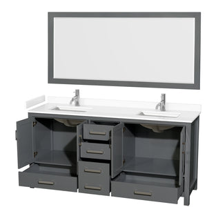 Sheffield 72 Inch Double Bathroom Vanity in Dark Gray White Cultured Marble Countertop Undermount Square Sinks 70 Inch Mirror