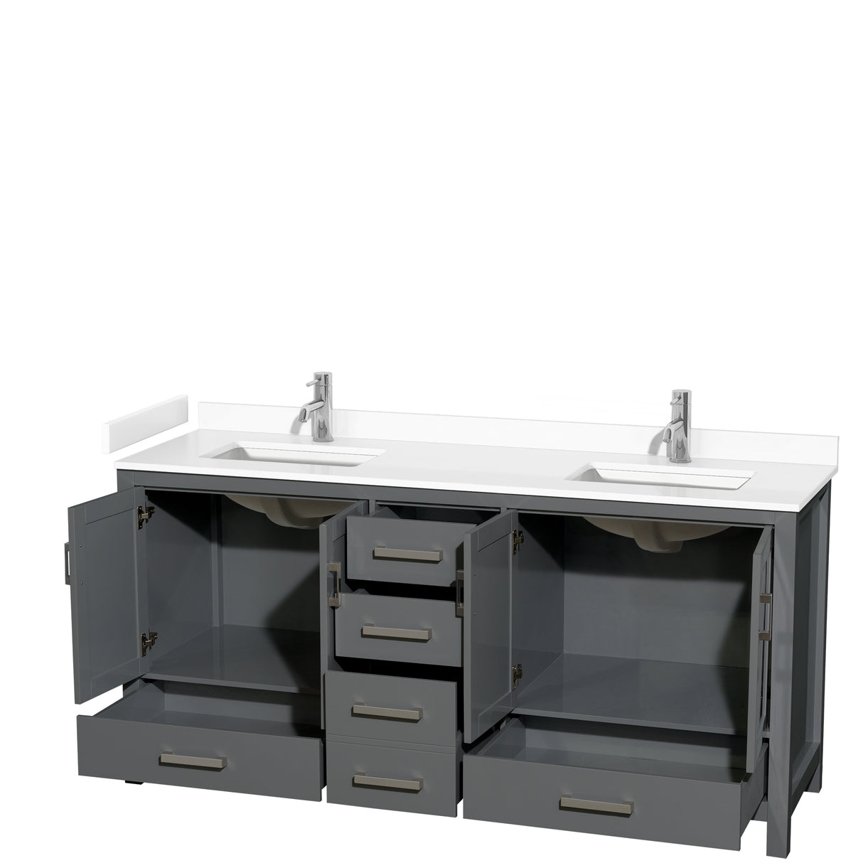 Sheffield 72 Inch Double Bathroom Vanity in Dark Gray White Cultured Marble Countertop Undermount Square Sinks No Mirror