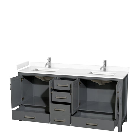 Sheffield 72 Inch Double Bathroom Vanity in Dark Gray White Cultured Marble Countertop Undermount Square Sinks No Mirror