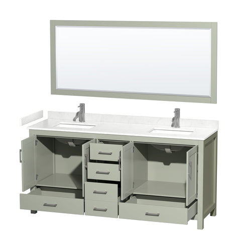 Sheffield 72 inch Double Bathroom Vanity in Light Green Carrara Cultured Marble Countertop Undermount Square Sinks Brushed Nickel Trim 70 inch Mirror