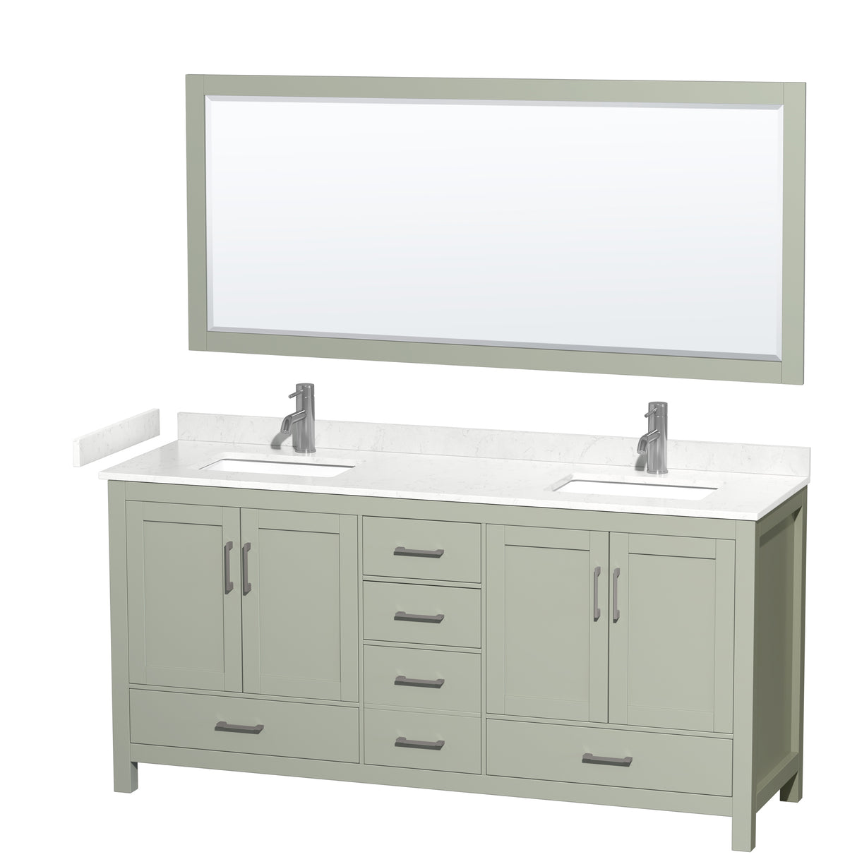 Sheffield 72 inch Double Bathroom Vanity in Light Green Carrara Cultured Marble Countertop Undermount Square Sinks Brushed Nickel Trim 70 inch Mirror