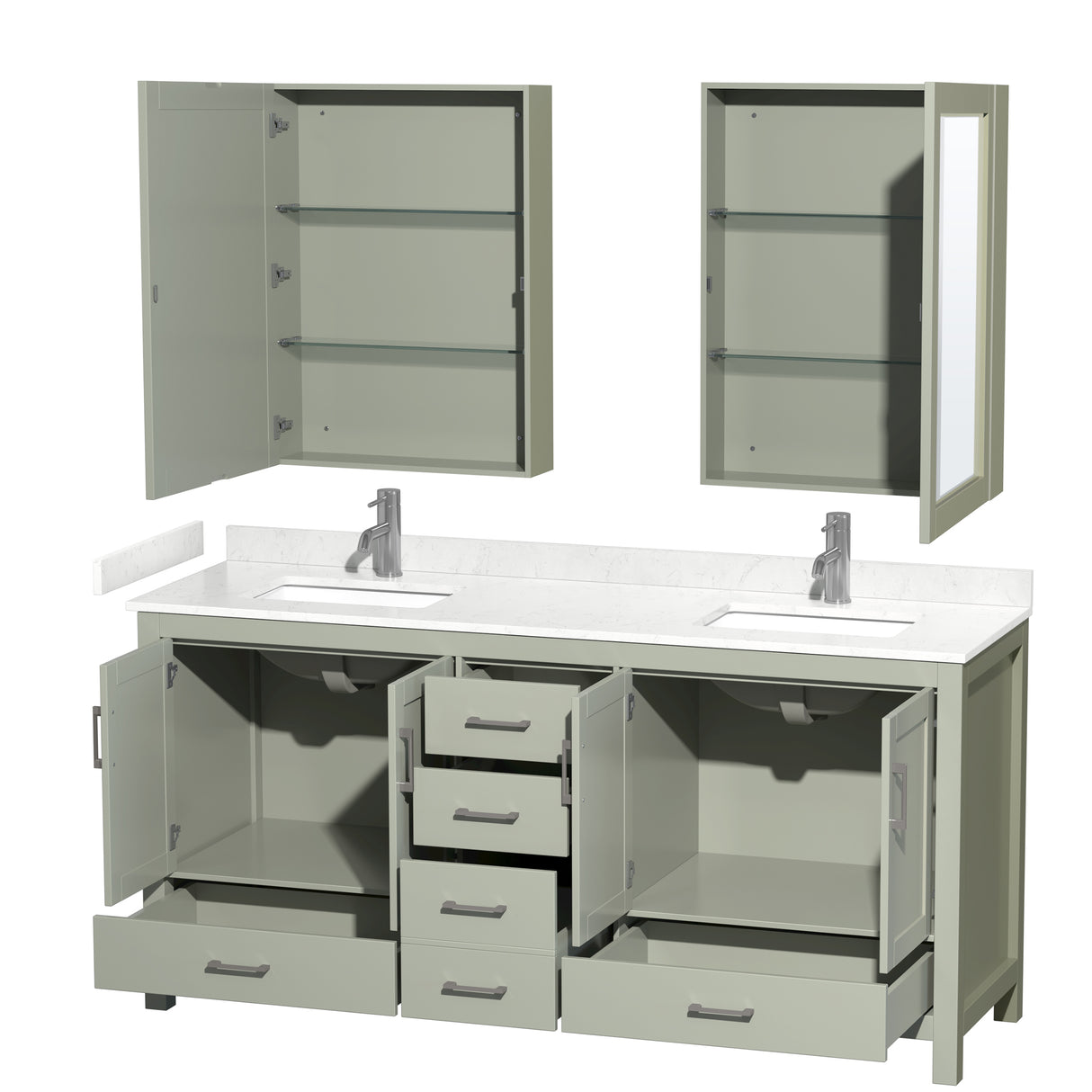 Sheffield 72 inch Double Bathroom Vanity in Light Green Carrara Cultured Marble Countertop Undermount Square Sinks Brushed Nickel Trim Medicine Cabinets