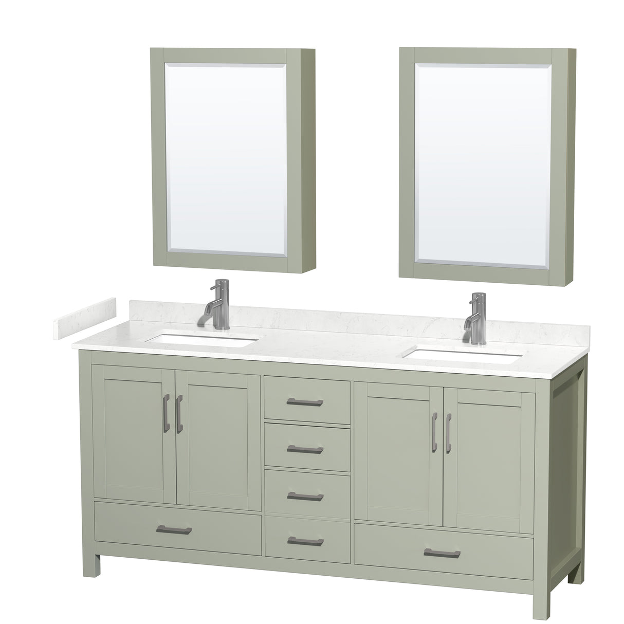Sheffield 72 inch Double Bathroom Vanity in Light Green Carrara Cultured Marble Countertop Undermount Square Sinks Brushed Nickel Trim Medicine Cabinets