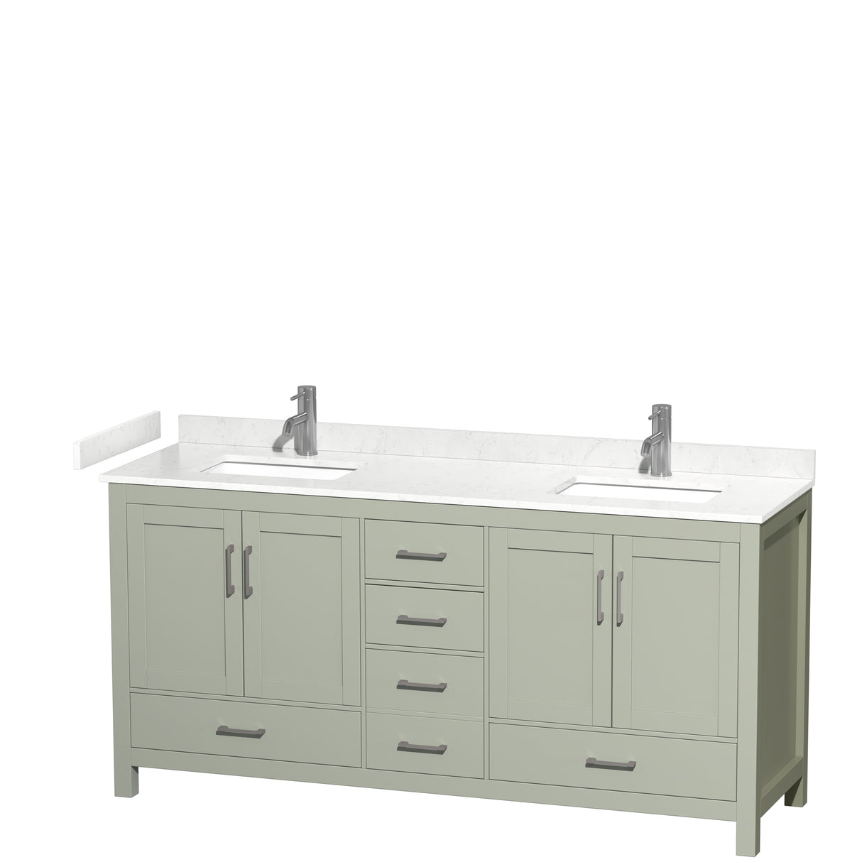 Sheffield 72 inch Double Bathroom Vanity in Light Green Carrara Cultured Marble Countertop Undermount Square Sinks Brushed Nickel Trim