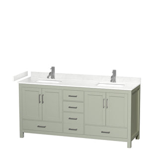 Sheffield 72 inch Double Bathroom Vanity in Light Green Carrara Cultured Marble Countertop Undermount Square Sinks Brushed Nickel Trim