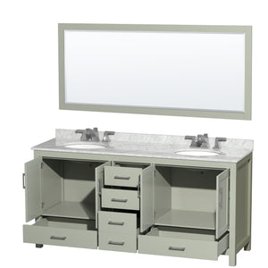 Sheffield 72 inch Double Bathroom Vanity in Light Green White Carrara Marble Countertop Undermount Oval Sinks Brushed Nickel Trim 70 inch Mirror