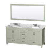 Sheffield 72 inch Double Bathroom Vanity in Light Green White Carrara Marble Countertop Undermount Oval Sinks Brushed Nickel Trim 70 inch Mirror