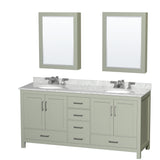 Sheffield 72 inch Double Bathroom Vanity in Light Green White Carrara Marble Countertop Undermount Oval Sinks Brushed Nickel Trim Medicine Cabinets