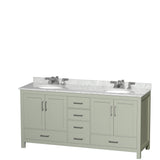 Sheffield 72 inch Double Bathroom Vanity in Light Green White Carrara Marble Countertop Undermount Oval Sinks Brushed Nickel Trim