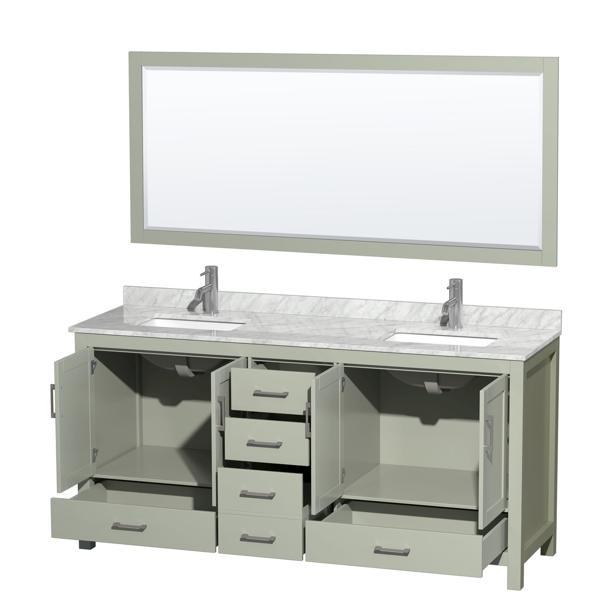 Sheffield 72 inch Double Bathroom Vanity in Light Green White Carrara Marble Countertop Undermount Square Sinks Brushed Nickel Trim 70 inch Mirror