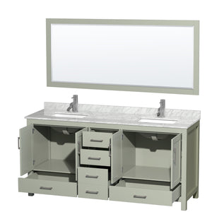 Sheffield 72 inch Double Bathroom Vanity in Light Green White Carrara Marble Countertop Undermount Square Sinks Brushed Nickel Trim 70 inch Mirror