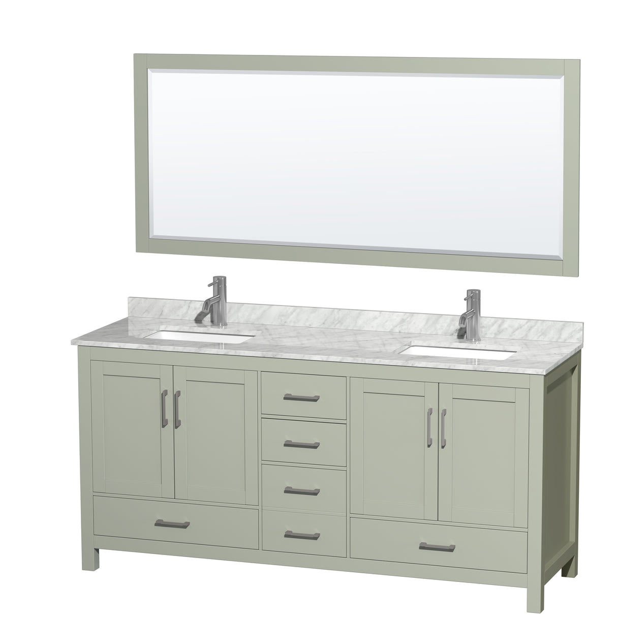 Sheffield 72 inch Double Bathroom Vanity in Light Green White Carrara Marble Countertop Undermount Square Sinks Brushed Nickel Trim 70 inch Mirror