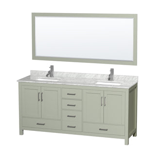 Sheffield 72 inch Double Bathroom Vanity in Light Green White Carrara Marble Countertop Undermount Square Sinks Brushed Nickel Trim 70 inch Mirror