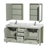 Sheffield 72 inch Double Bathroom Vanity in Light Green White Carrara Marble Countertop Undermount Square Sinks Brushed Nickel Trim Medicine Cabinets
