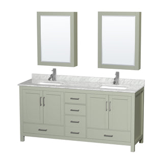 Sheffield 72 inch Double Bathroom Vanity in Light Green White Carrara Marble Countertop Undermount Square Sinks Brushed Nickel Trim Medicine Cabinets