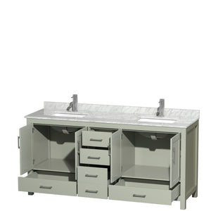 Sheffield 72 inch Double Bathroom Vanity in Light Green White Carrara Marble Countertop Undermount Square Sinks Brushed Nickel Trim