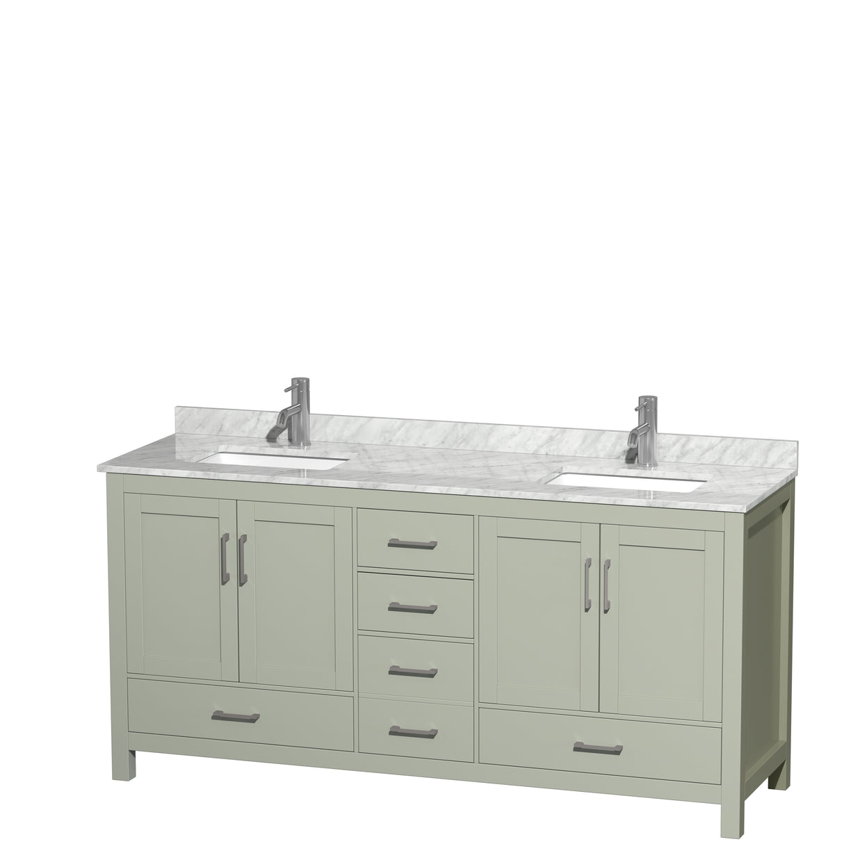 Sheffield 72 inch Double Bathroom Vanity in Light Green White Carrara Marble Countertop Undermount Square Sinks Brushed Nickel Trim