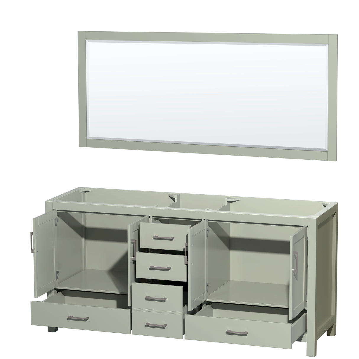 Sheffield 72 inch Double Bathroom Vanity in Light Green No Countertop No Sink Brushed Nickel Trim 70 inch Mirror