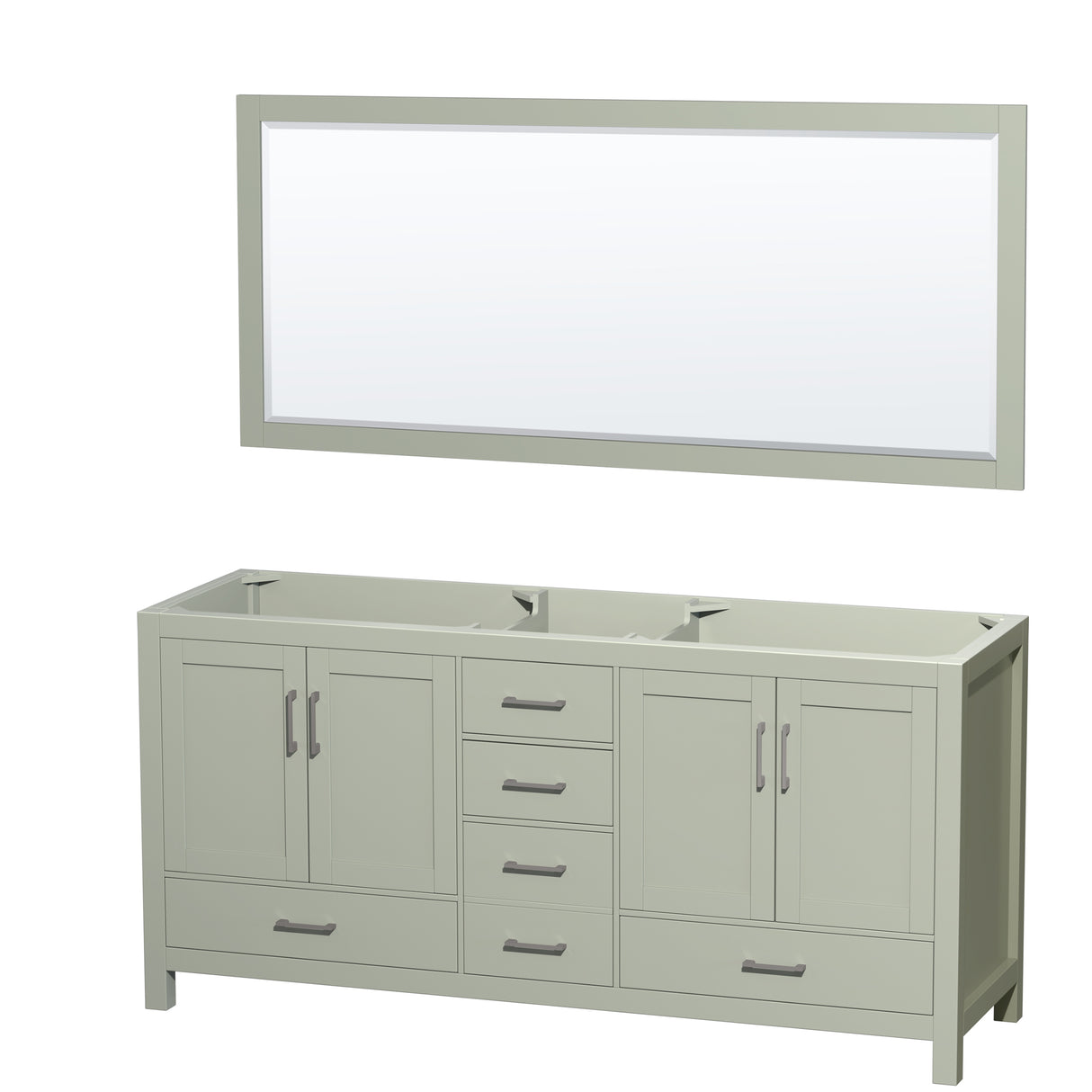Sheffield 72 inch Double Bathroom Vanity in Light Green No Countertop No Sink Brushed Nickel Trim 70 inch Mirror
