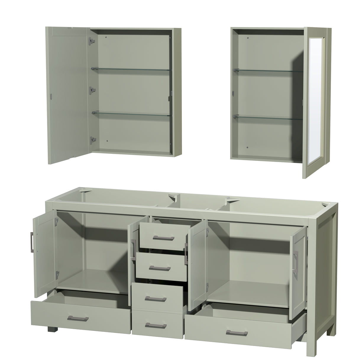 Sheffield 72 inch Double Bathroom Vanity in Light Green No Countertop No Sink Brushed Nickel Trim Medicine Cabinets