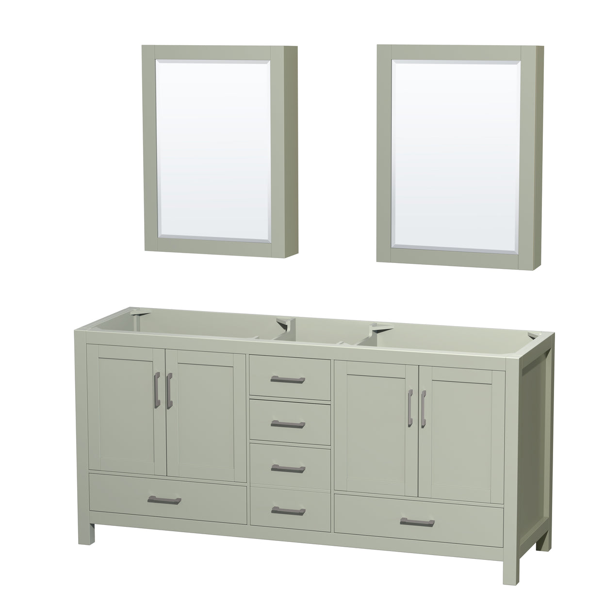 Sheffield 72 inch Double Bathroom Vanity in Light Green No Countertop No Sink Brushed Nickel Trim Medicine Cabinets